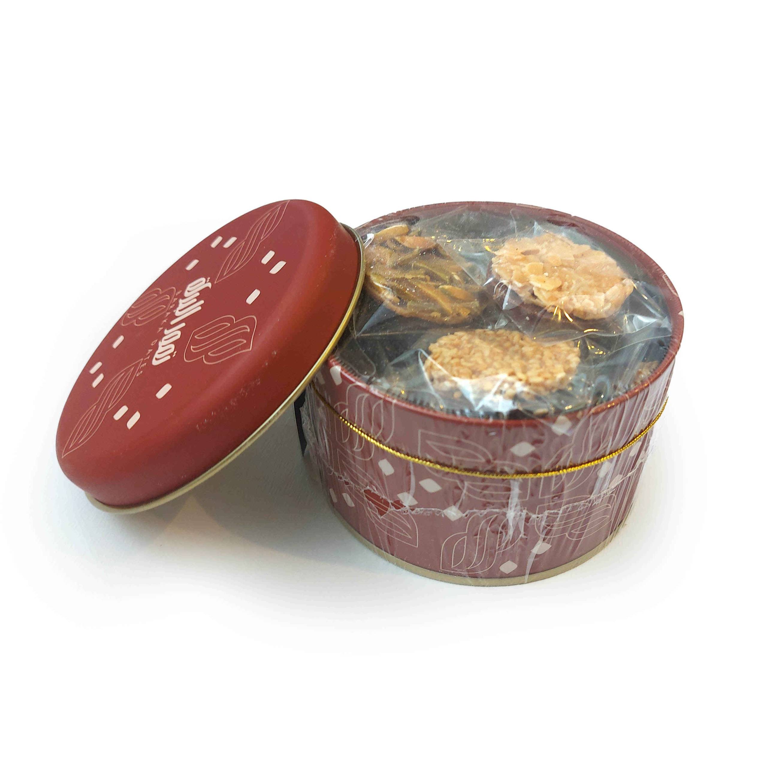 Gifting-Tinbox-Round-Small-Choco-Florentines-110gm-scaled-2.jpg Mix Chocolate Florentines ( S ) - الصورة 1
